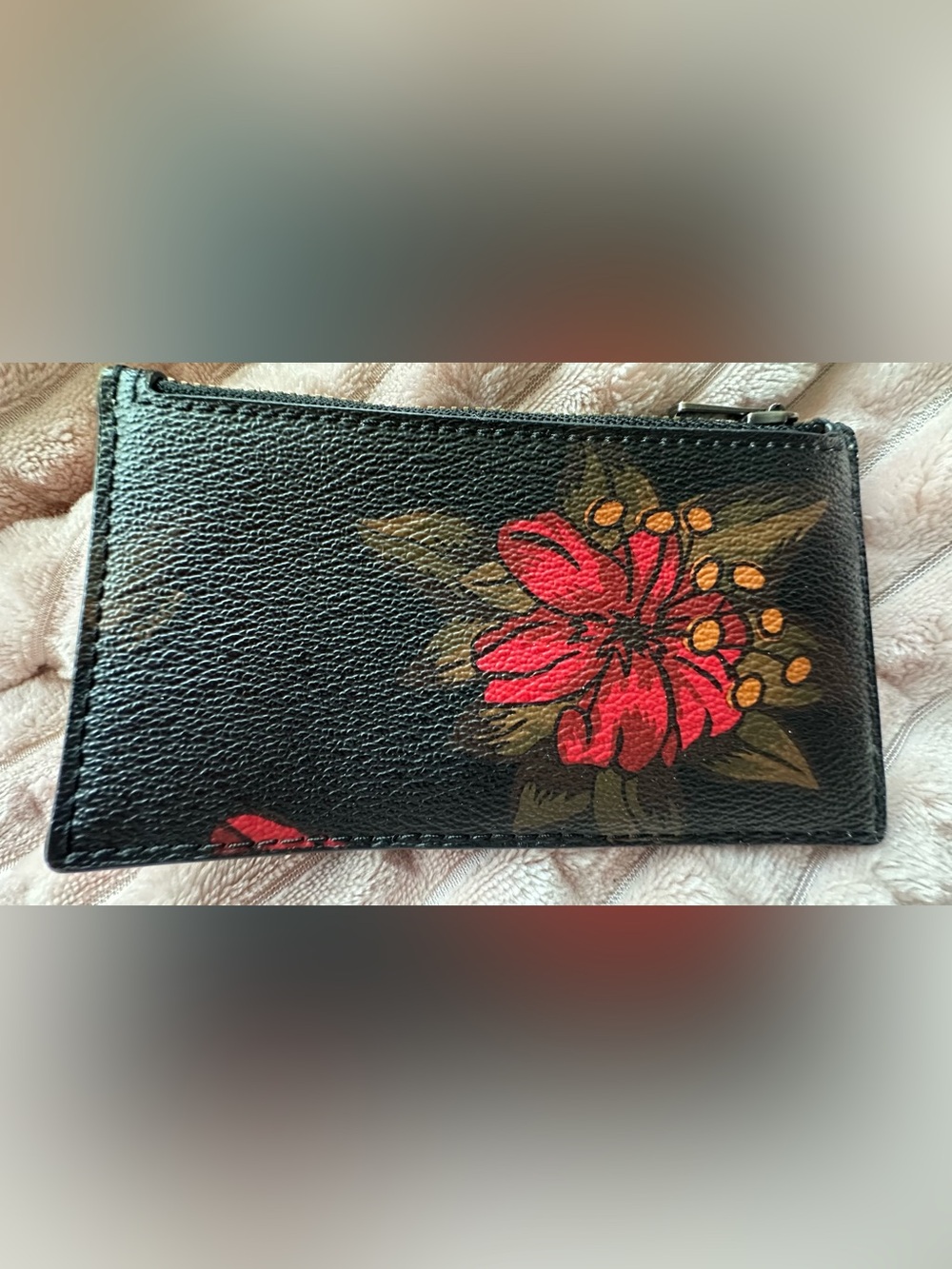 Coach Black Floral Zip Card Wallet